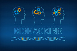 Head silhouette with gear brain bio hacking concept vector illustration. Face profile with improved gear mechanism brain, blue, orange dna molecule helix and big sign biohacking on digital background